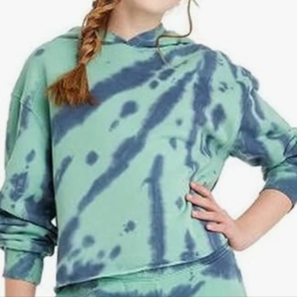Art Class Girls Boxy Cropped Hoodie Fleece Tie Dye Green Blue NWT Size M 7/8